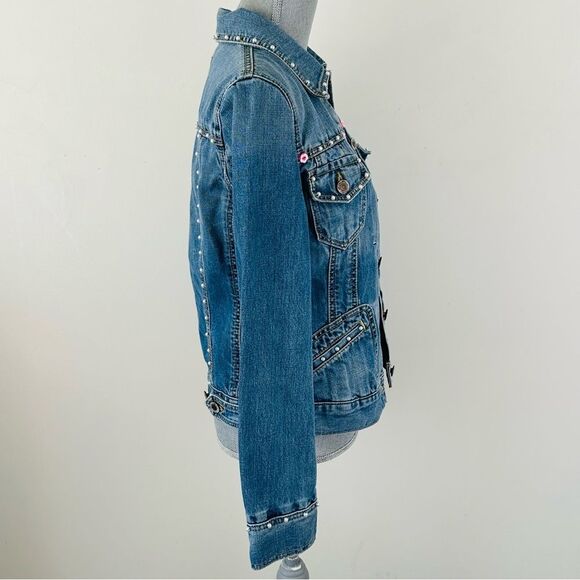 Upcycled Womens SZ M Classic Denim Jean Jacket Banana Republic Hand Embellished - Picture 6 of 8